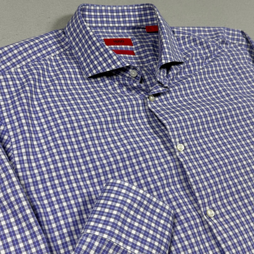 Hugo Boss‎ Mens Sharp Fit Gingham Check Long Sleeve Dress Shirt Purple White